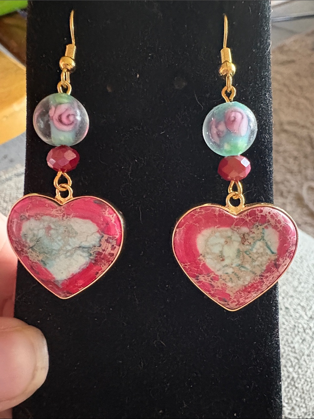 Hand Crafted Glass Mauve and Teal Heart Drop Earrings with Floral Beads
